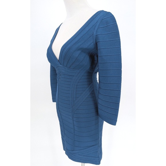 Herve Leger Kahli Bandage Dress S Royal Blue V-Neck 3/4 Sleeve Bodycon Y2K Glam - Picture 6 of 14